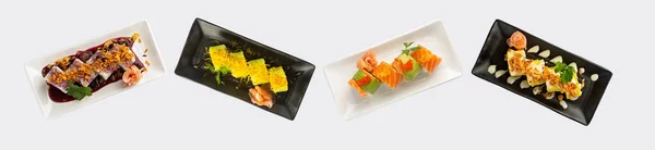 Banner Sushi Comida Japonesa Visto Desde Arriba Aislado Sobre Blanco — Foto de Stock