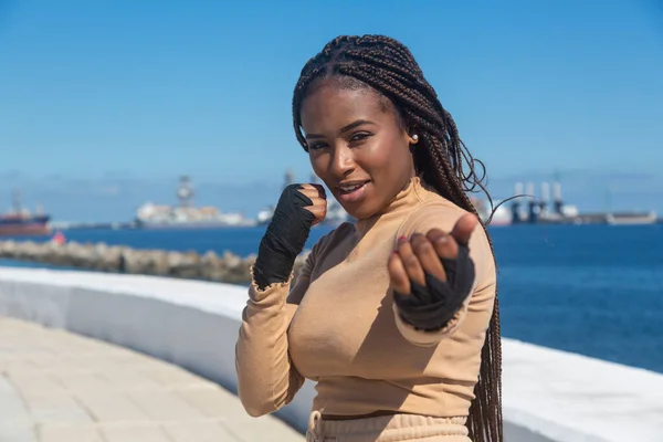 Portrait Beautiful Young Afro American Woman Looking Camera Bandages Her — Stock Photo, Image