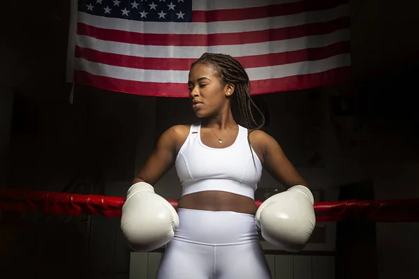 Portrait Beautiful Afro American Boxing Athlete Boxing Ring United States — Stock Photo, Image