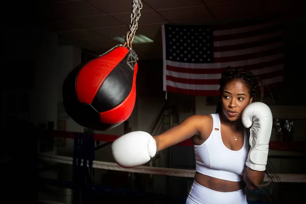 Young Afro American Woman Training Boxing Gym United States Flag — Stock Photo, Image