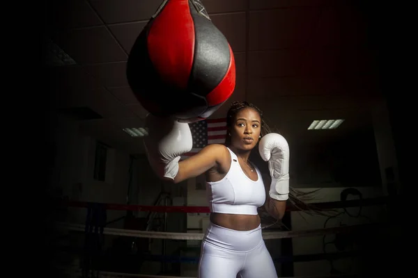 Young Afro American Woman Training Boxing Gym United States Flag — Stock Photo, Image