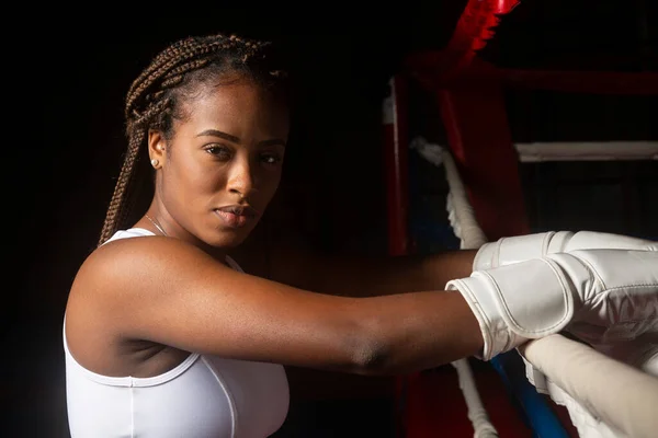 Portrait Beautiful Young Afro Girl Boxing Athlete Looking Camera Gym — Stock Photo, Image