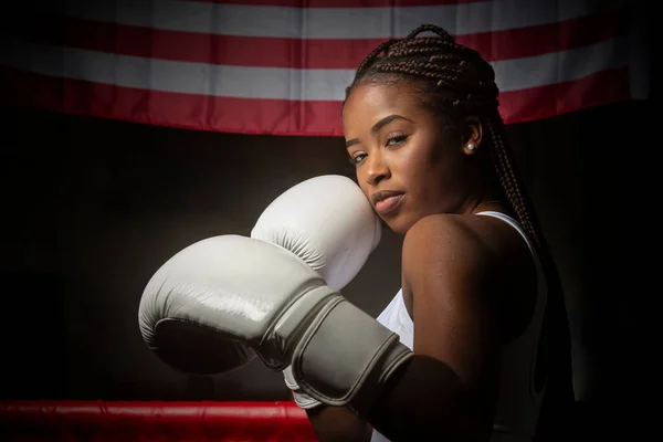 Young Black Woman Athlete Boxing Gloves — Stock Photo, Image