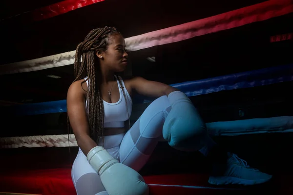 Portrait Young Black Woman Boxing Ring — Stock Photo, Image