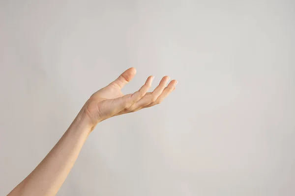 Gestos de manos. Elegante mano femenina, apuntando hacia un lado — Foto de Stock