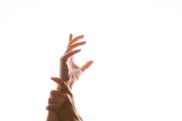 I gesti delle mani. Eleganti mani femminili una mano si estende in avanti, l'altra la ferma, — Foto Stock
