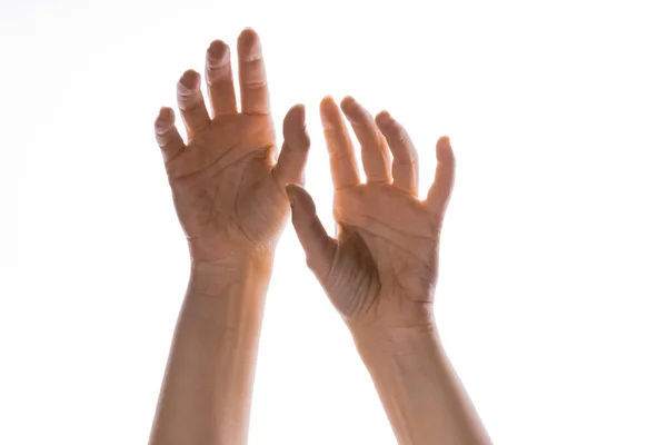 Des gestes de main. Des mains féminines élégantes s'élèvent, isolées sur du blanc, — Photo