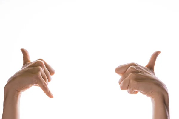 Gestos de mão. sinal de shaka e polegares para cima, como legal, gestos de juventude com duas mãos, — Fotografia de Stock