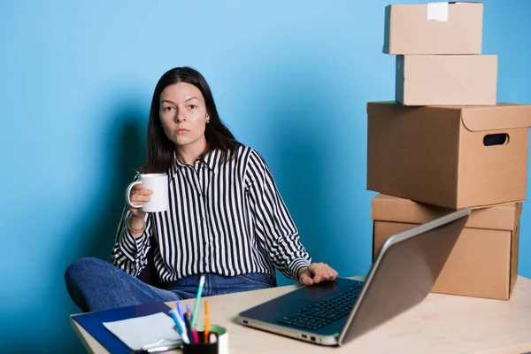 Kleine bedrijven, jonge vrouwelijke ondernemer werkzaam aan een bureau, — Stockfoto