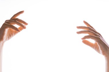 El hareketleriyle. Zarif kadın elleri uzanıyor, beyaz üzerinde izole.,