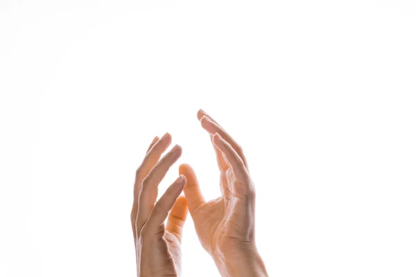 Handgesten. Elegante weibliche Hände reichen sich die Hände, vereinzelt auf weiß, — Stockfoto