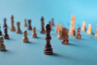 Çalışan takımda liderlik vasıfları, güçlü bir lider, konsept. Satranç taşları