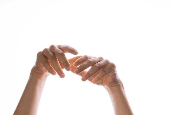 Gestos de manos. Elegantes manos femeninas alcanzan, aisladas en blanco, — Foto de Stock