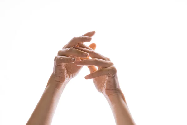 Gestos de manos. Elegantes manos femeninas alcanzan, aisladas en blanco, —  Fotos de Stock