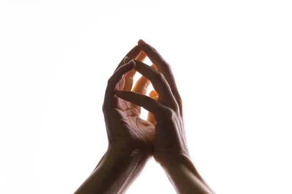 Des mains priantes sur un fond blanc. Lumière d'en haut. Les mains jointes dans la prière. Les gestes de la main — Photo