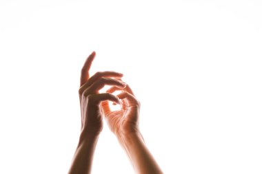 El hareketleriyle. Zarif kadın elleri uzanıyor, beyaz üzerinde izole.,