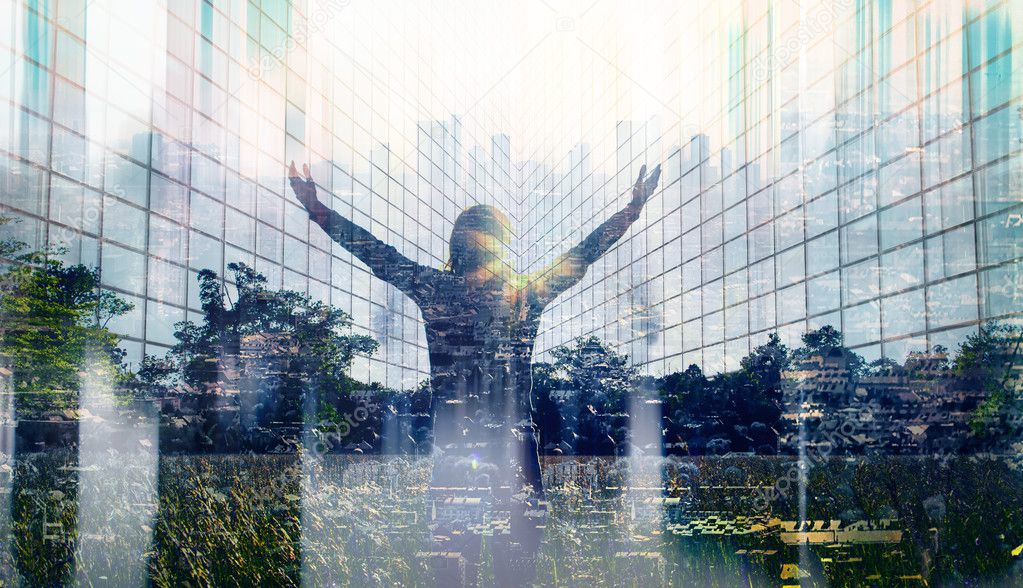 double exposure of businesswoman and modern city