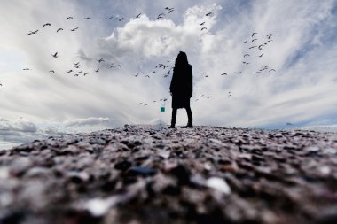 Deniz günbatımı, dramatik görünüm, kadın kenarında, kadın siluet alışılmadık, yabancı kavramı üzerinde izlerken kayaların üzerinde duran kadın