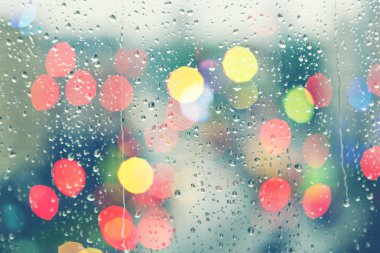 Yağmurlu günler, yağmur damlaları pencere, yağışlı hava, yağmur arka plan, yağmur ve bokeh