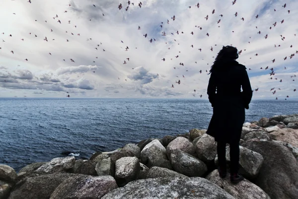 Frau steht auf den Felsen und beobachtet den Sonnenuntergang am Meer, dramatische Aussicht, Frau am Rand, Frauensilhouette ungewöhnlich, Außenseiter-Konzept — Stockfoto