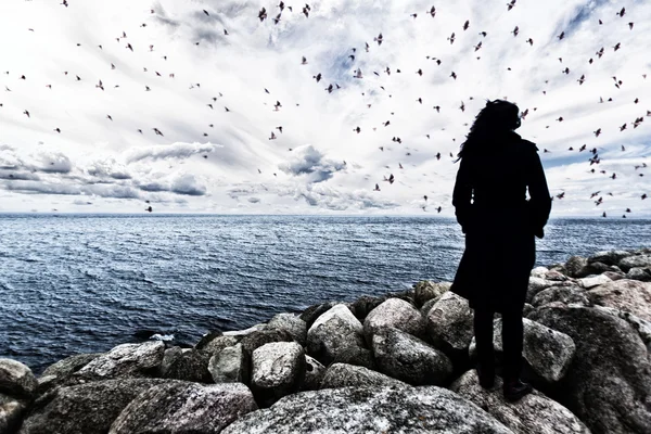 Donna in piedi sulle rocce a guardare il tramonto sul mare, vista drammatica, donna sul bordo, donna silhouette insolita, concetto di outsider — Foto Stock