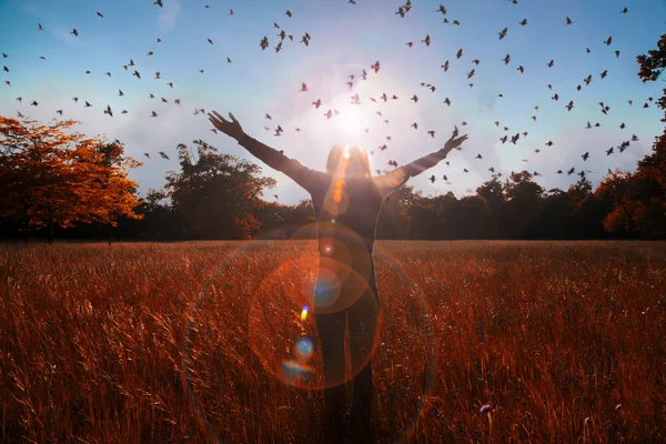 Young girl spreading hands with joy and inspiration facing the sun,sun greeting,freedom concept,bird flying above sign of freedom and liberty — Stock Photo, Image