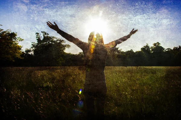 Jovem estendendo as mãos com alegria e inspiração de frente para o sol, saudação ao sol, conceito de liberdade, pássaro voando acima do sinal de liberdade e liberdade — Fotografia de Stock