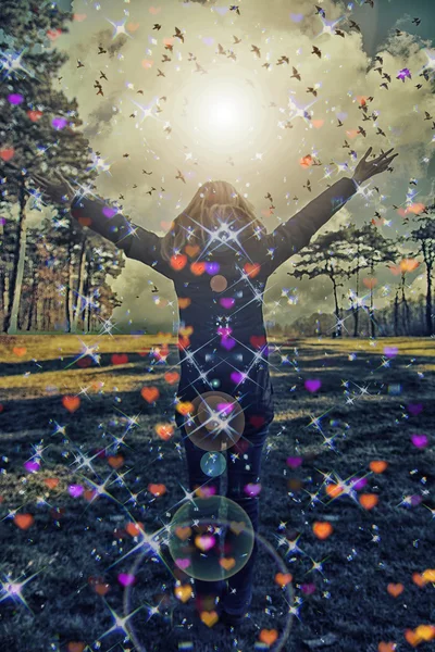 Young girl spreading hands with joy and inspiration facing the sun,sun greeting,freedom concept,bird flying above sign of freedom and liberty — Stock Photo, Image