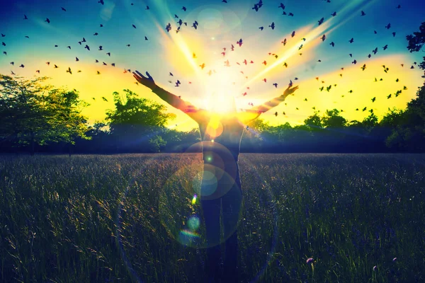 Young girl spreading hands with joy and inspiration facing the sun,sun greeting,freedom concept,bird flying above sign of freedom and liberty — Stock Photo, Image