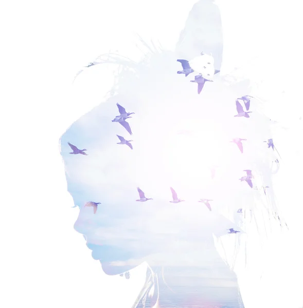 Womans head and birds flying, double exposure, freedom and liberty  background. Beauty is a gift from nature, — Stock Photo, Image