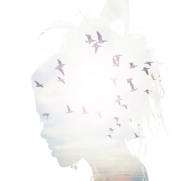 Womans head and birds flying, double exposure, freedom and liberty  background. Beauty is a gift from nature, — Stock Photo, Image