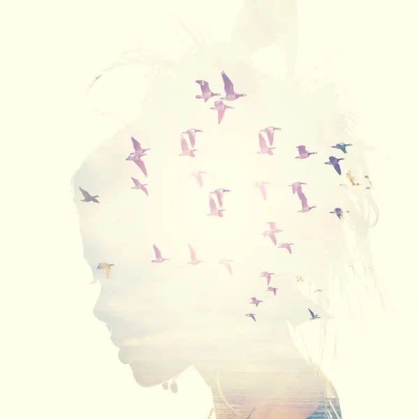 Womans head and birds flying, double exposure, freedom and liberty  background. Beauty is a gift from nature, — Stock Photo, Image