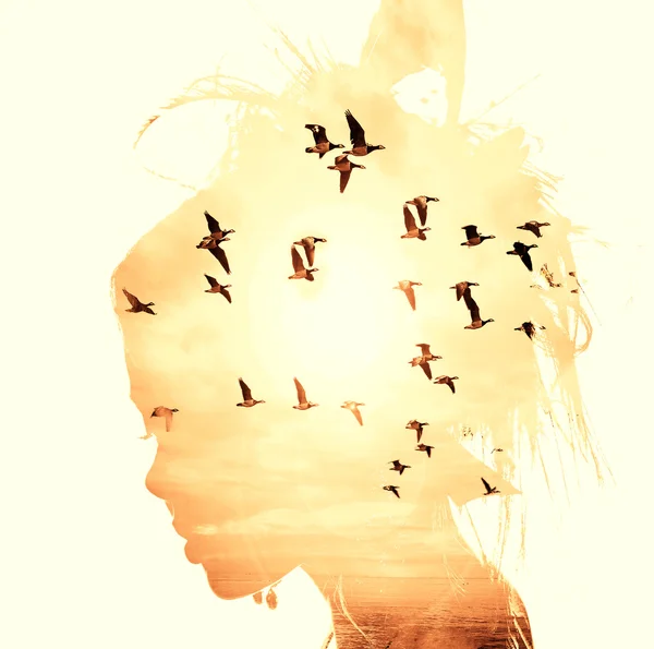 Womans head and birds flying, double exposure, freedom and liberty  background. Beauty is a gift from nature, — Stock Photo, Image