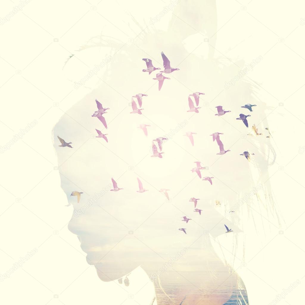 Womans head and birds flying, double exposure, freedom and liberty  background. Beauty is a gift from nature,