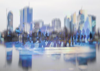 Soyut resim, iş insanlar yürüyen Street ve cityscape arka plan üzerinde