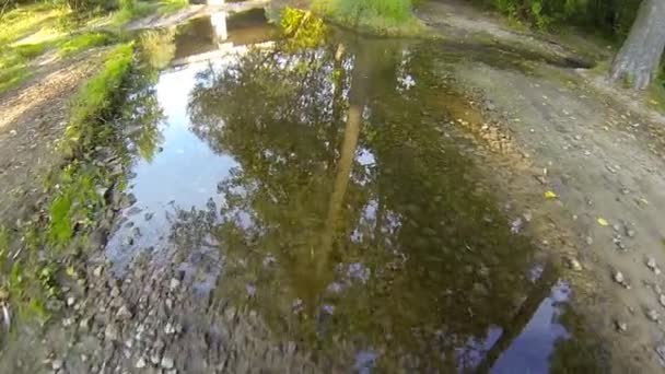 Samochód przecina strumień. POV aparatu jest dołączony do okapu. — Wideo stockowe