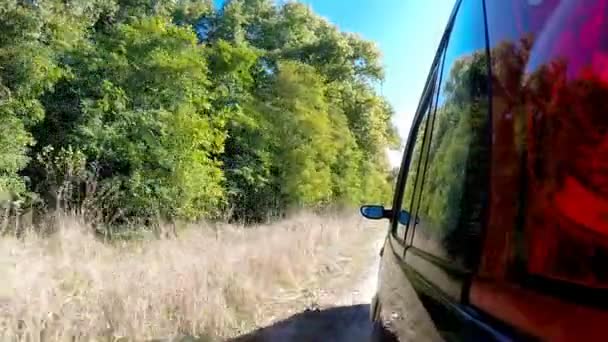 Auto fährt durch die Landschaft. die Kamera wird draußen gelassen. — Stockvideo