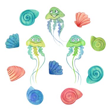 Suluboya elle boyanmış komik denizanası seti kabuklarla çevrili.