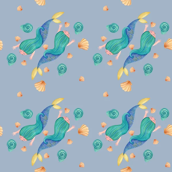 Бесшовный Акварельный Рисунок Плавающей Русалки Различных Раковин — стоковое фото