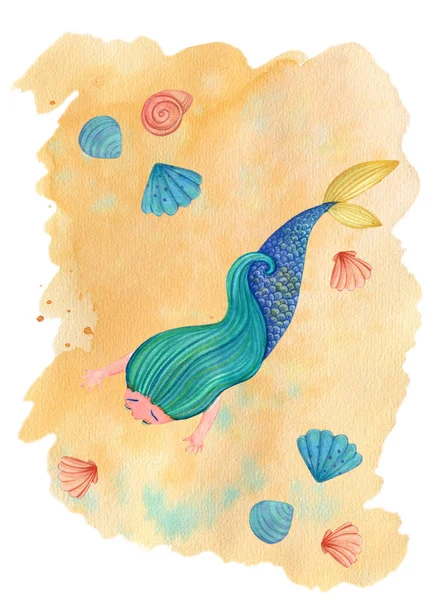 Ilustração Aquarela Uma Sereia Cabelos Azuis Nadando Entre Conchas — Fotografia de Stock