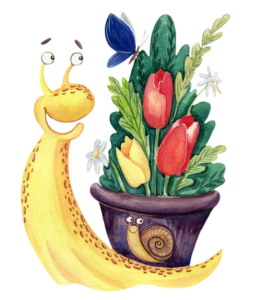 Gardener Snail Pot Flowers Watercolor Hand Painted Illustration — Fotografia de Stock