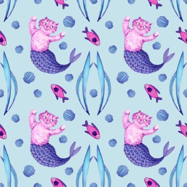 Mer kedisi mor balıkla yüzüyor.