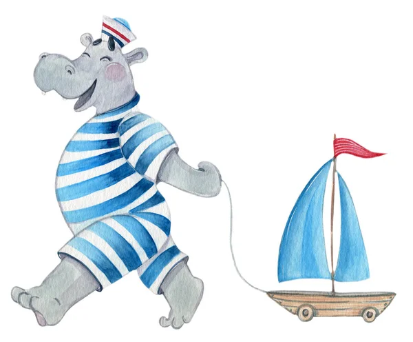 Cute sailor hippopotamus pulling a toy boat with sails and a flag, watercolor illustration