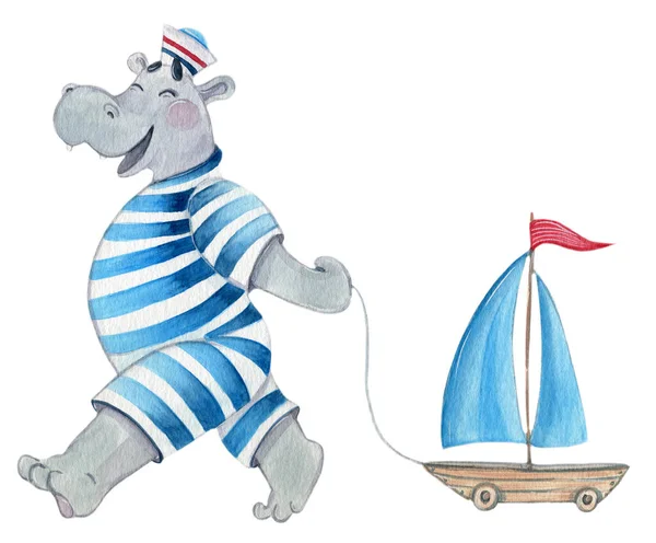 Lindo Marinero Hipopótamo Tirando Barco Juguete Con Velas Una Bandera Imagen de stock
