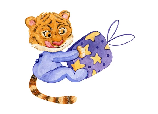 Tigre Cachorro Sentado Onesie Púrpura Con Caja Regalo Estrellado Acuarela — Foto de Stock