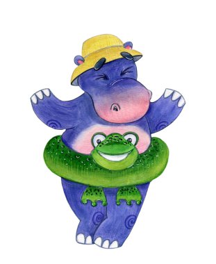 Su aygırı yavrusu yaz şapkası ve kurbağa şekilli yüzme yüzüğü, suluboya illüstrasyon