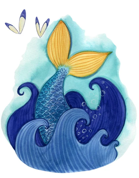 在海浪中的美人鱼尾及海鸥水彩画 — 图库照片