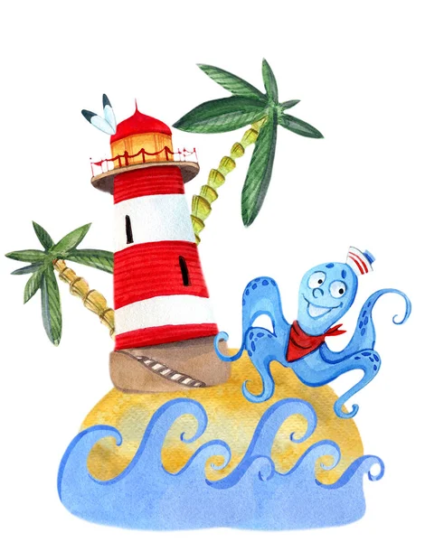 Ilustração Aquarela Farol Polvo Marinheiro Azul Ilha Com Palmeiras — Fotografia de Stock