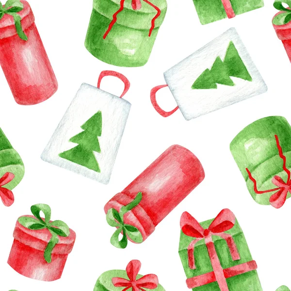 Акварельні різдвяні подарункові коробки безшовний візерунок. Рука намальована різнокольоровими подарунками зі стрічковим бантом ізольовано на білому тлі. Ілюстрація в традиційних різдвяних червоних і зелених кольорах . — стокове фото