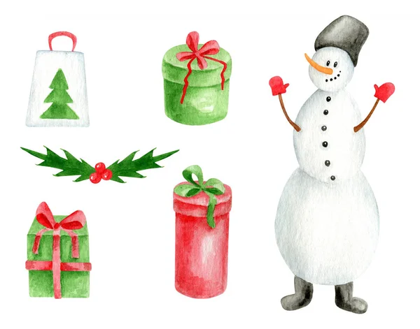 Boneco de neve aquarela com caixas de presente conjunto. Ilustração de Natal pintada à mão com boneco de neve em chapéu, botas e luvas com presentes, folhas de azevinho isoladas em fundo branco. Símbolo de inverno. — Fotografia de Stock